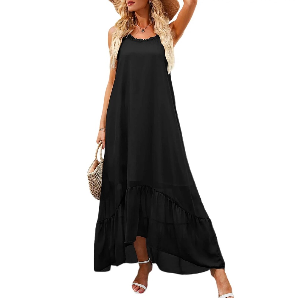 Loose Black Sheer Sleeveless Slip Ruffle Maxi Dress  Sz M